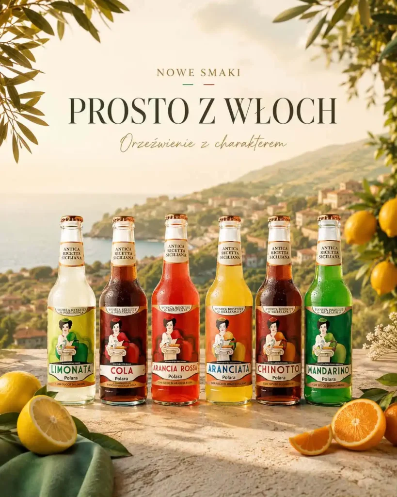 Sześć butelek włoskich napojów Polara — Limonata, Cola, Arancia Rossa, Aranciata, Chinotto i Mandarino
